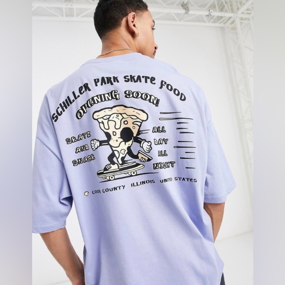 ASOS DESIGN oversized t-shirt in washed blue with pizza back print